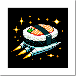 Retro Space Sushi - Pixel Art Fusion of Sushi & Galaxy Exploration Posters and Art